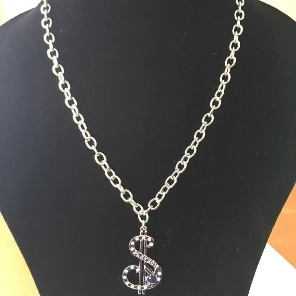 Playboy Necklace Dollar Sign Pendant Bunny Logo Crystal $ Cash Money Hip Hop y2k - Picture 3 of 12